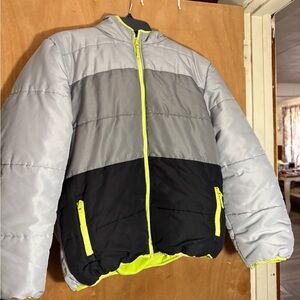 Simply Styled Kids Puffer Jacket  with hood.  Gray, Black, and Neon Yellow